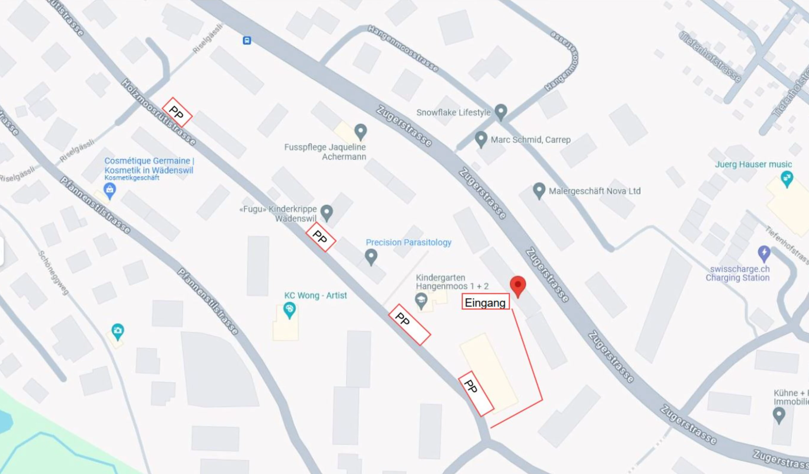 Anfahrtsplan zum Massage Zentrum Thalwil an der Holzmoosrütistrasse 10B mit markierten Parkplätzen (PP) und Eingang